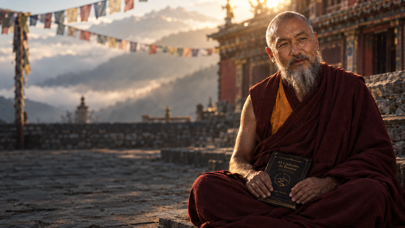 Monge Norbu sentado no pátio de um mosteiro